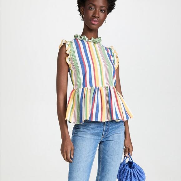 Studio 189 Technicolor Stripe Ruffle Trim Sleeveless Peplum Top Organic Cotton - Picture 2 of 16